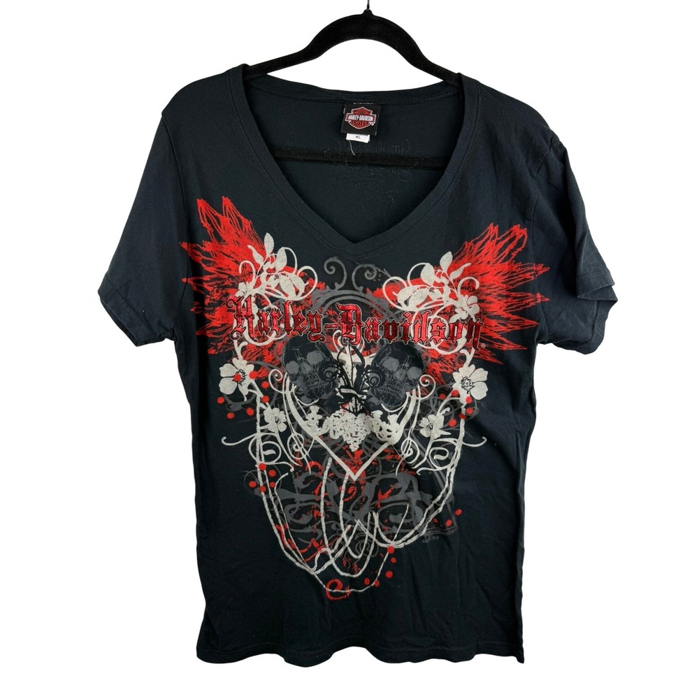 Harley-Davidson Womens XL Black V-Neck Graphic T-Shirt Gasoline Alley Brisbane